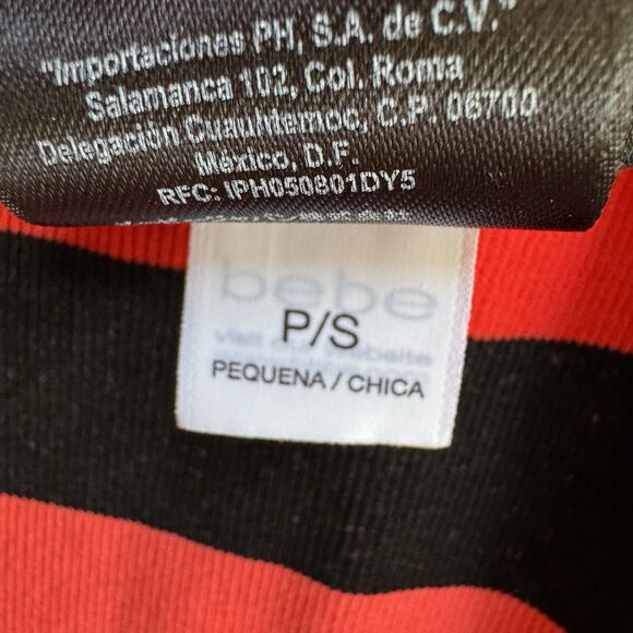 BEBE Dress Size P/S Coral Red Black Stripe Off Shoulder Bodycon Y2K Body Shaping - Picture 8 of 11